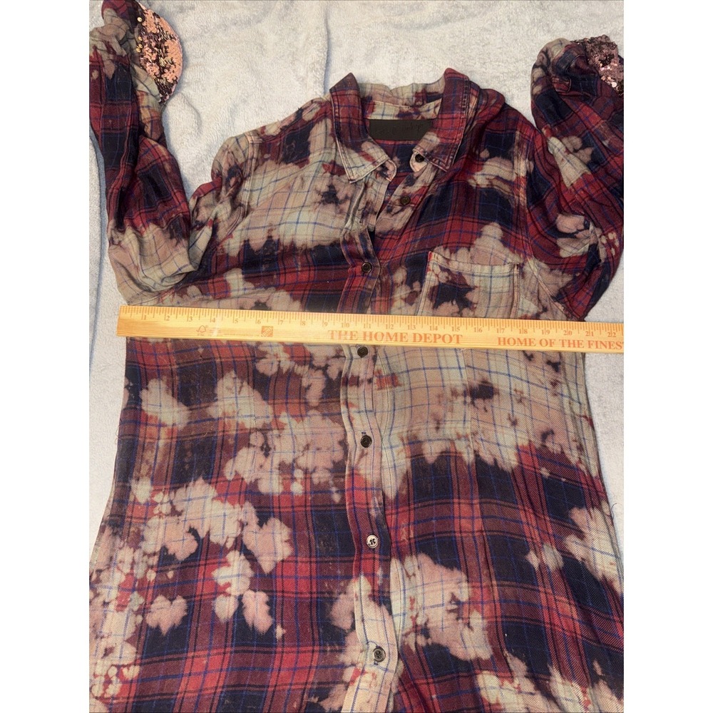The Nu Vintage Bleach Dye Distressed Red Plaid Sequin Cuffs Western Grunge Large - Picture 8 of 10